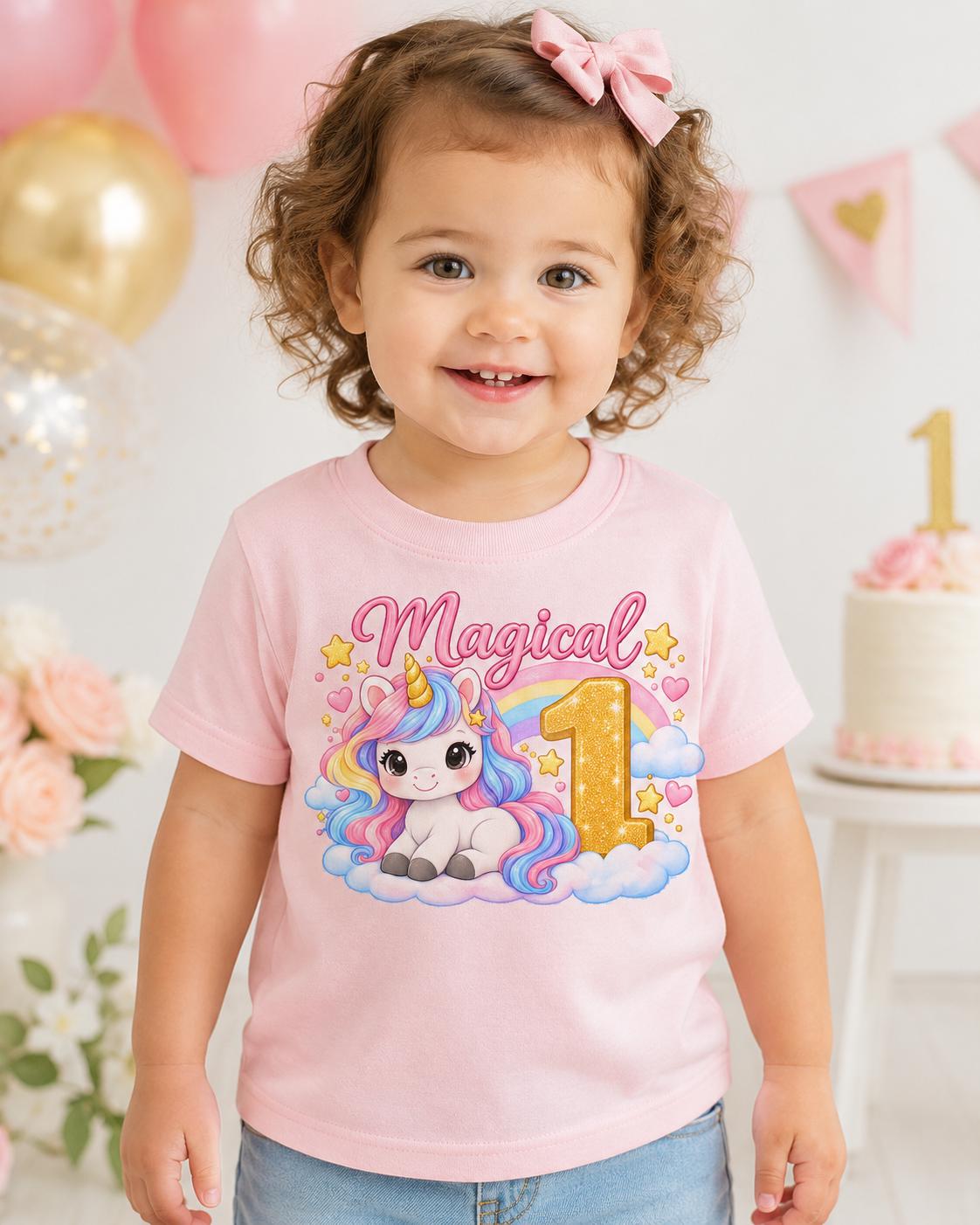 Magical 1st Birthday Shirt, Unicorn Birthday Girl Tee, Rainbow First Birthday Ou image 1