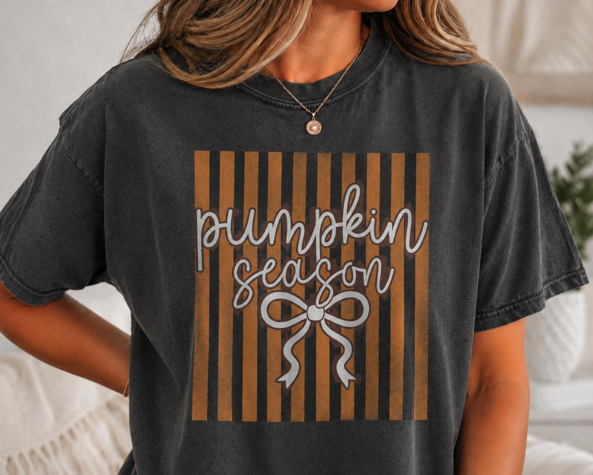Striped Fall Shirt, Comfort Colors Shirt, Girly Autumn Shirt, Coquette Bow Fall, image 1