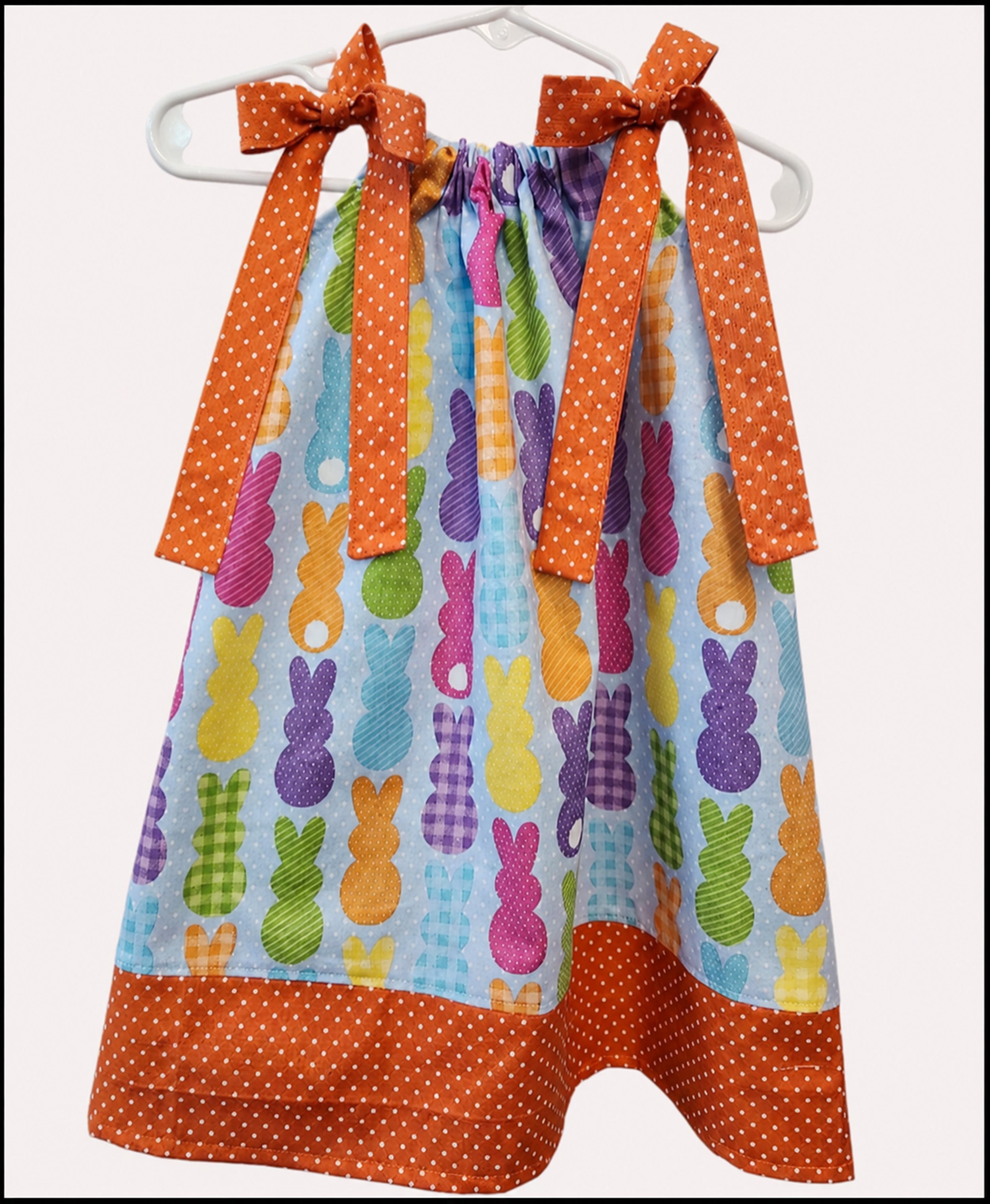 Girls Easter Bunny Pillowcase Dress, Spring Bunny Dress with Orange Polka Dot Bow, Toddler Easter Dress
