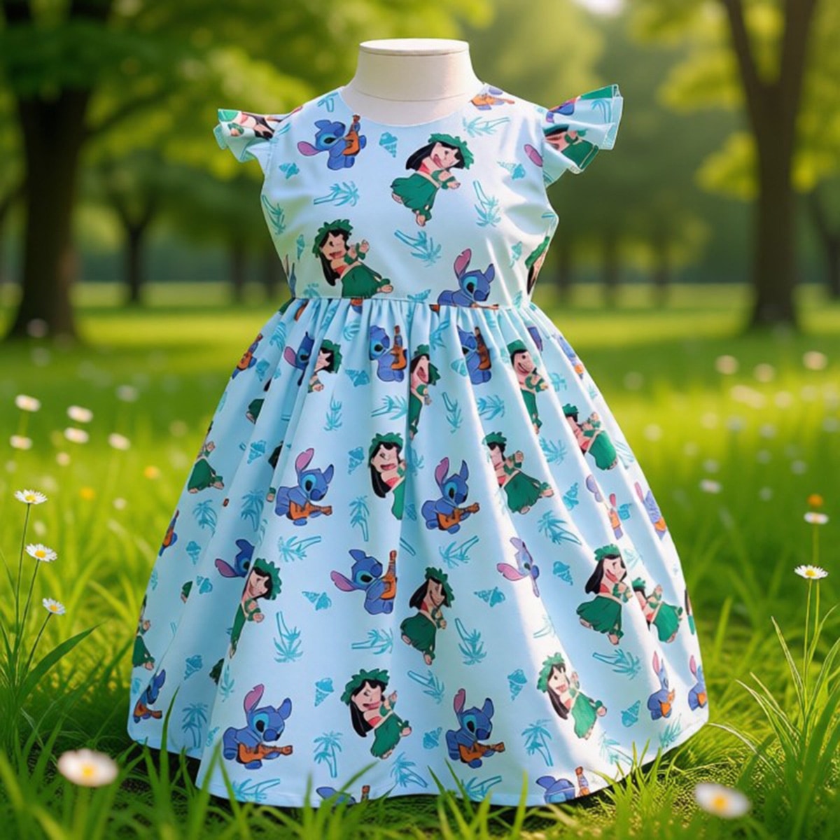 Children's dress with cartoon character print on a mannequin in a grassy outdoor setting