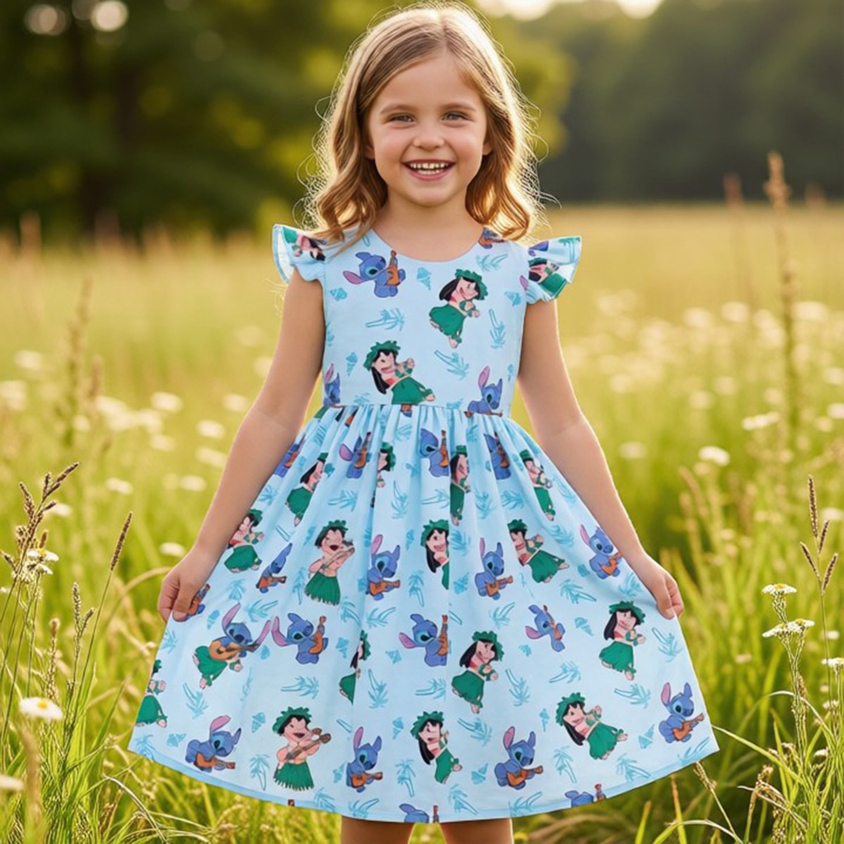 Young girl wearing a dress with cartoon character print in a field