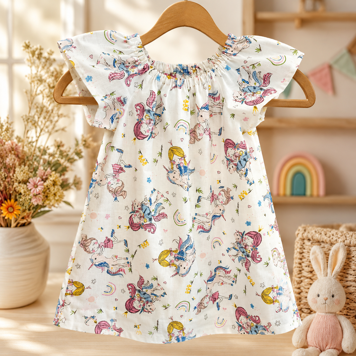Girls Unicorn Flutter Sleeve Dress, Birthday Peasant Dress, Handmade Toddler Party Outfit, Rainbow Unicorn Dress