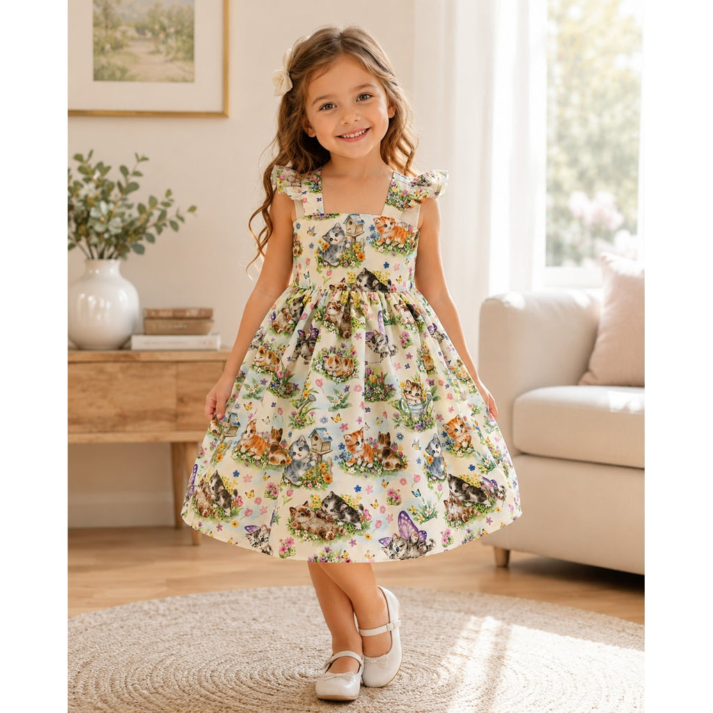 Young girl wearing a floral dress in a living room setting