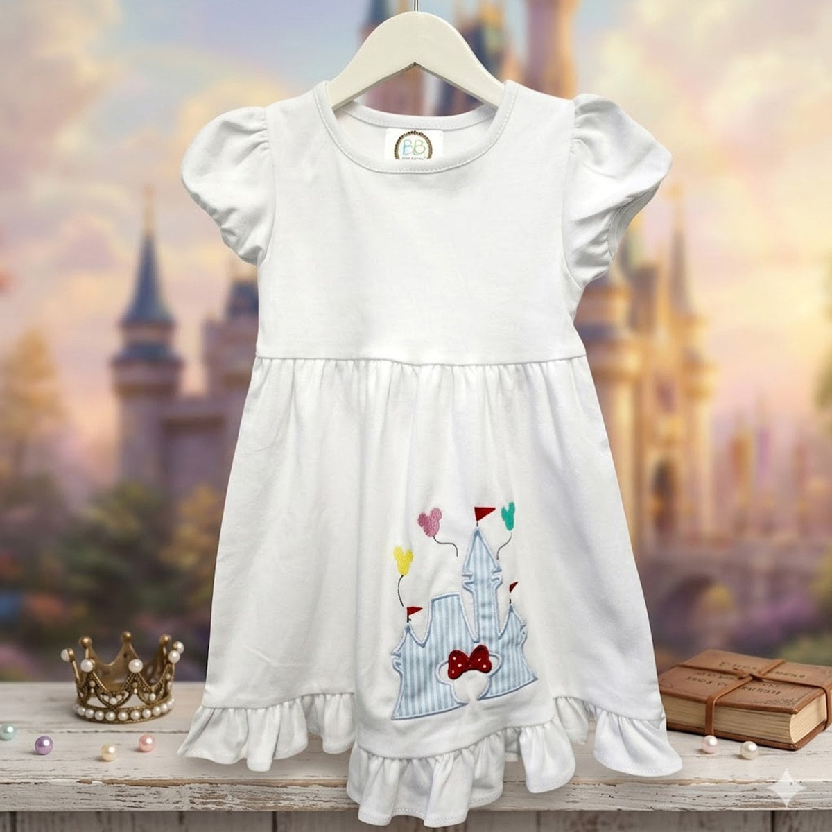 White dress with embroidery on a wooden surface with a castle background