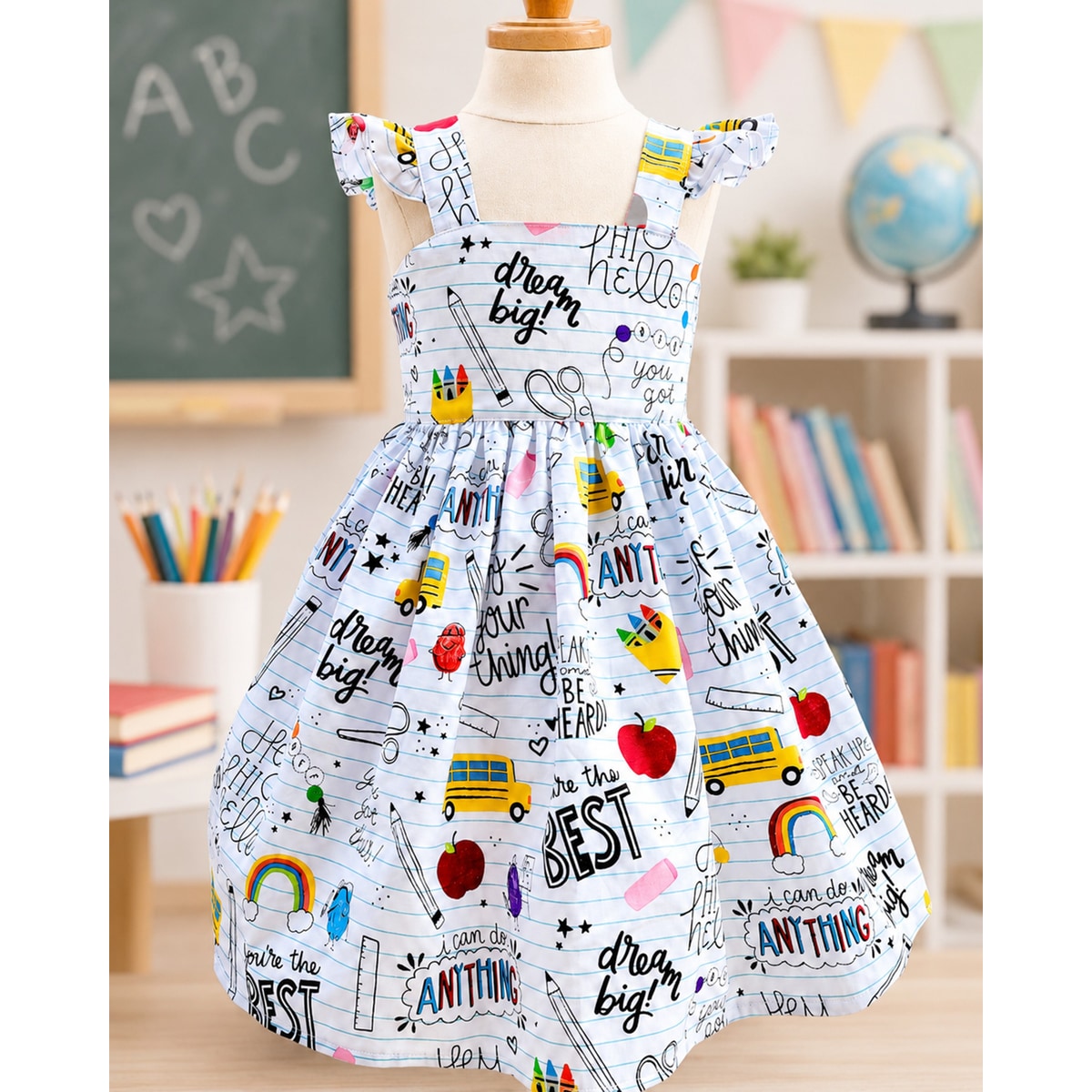 Children's dress with educational print on a mannequin in a classroom setting