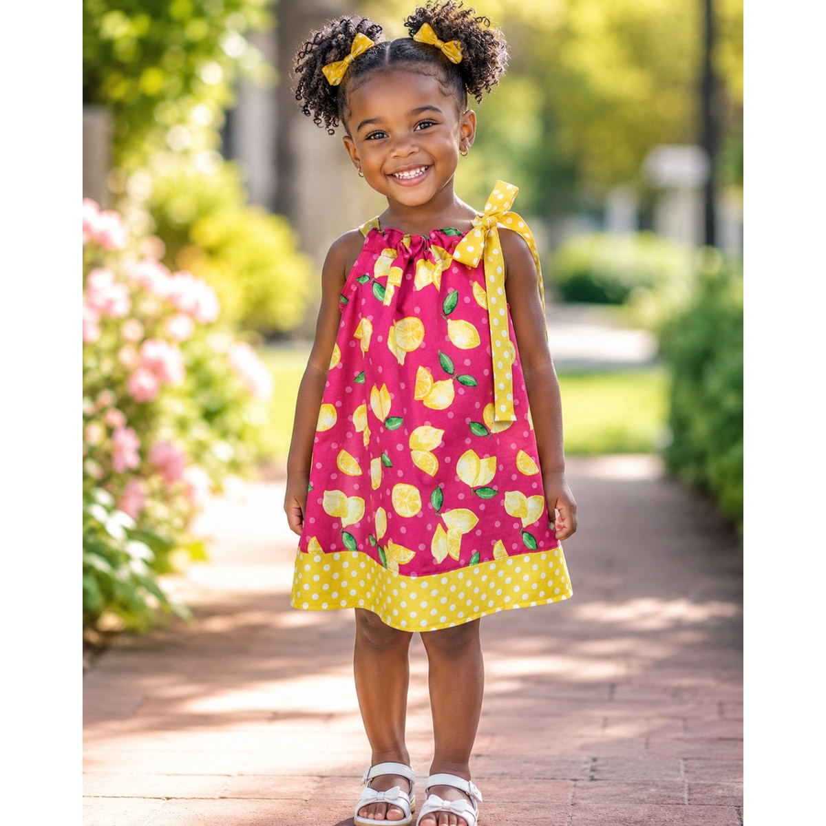 Young girl in a colorful dress with lemon pattern standing outdoors.