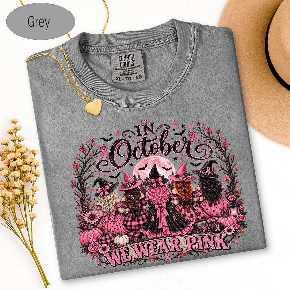 Breast Cancer Shirt, Comfort Colors Shirt, Pink Ribbon Witch Halloween TShirt, C image 9