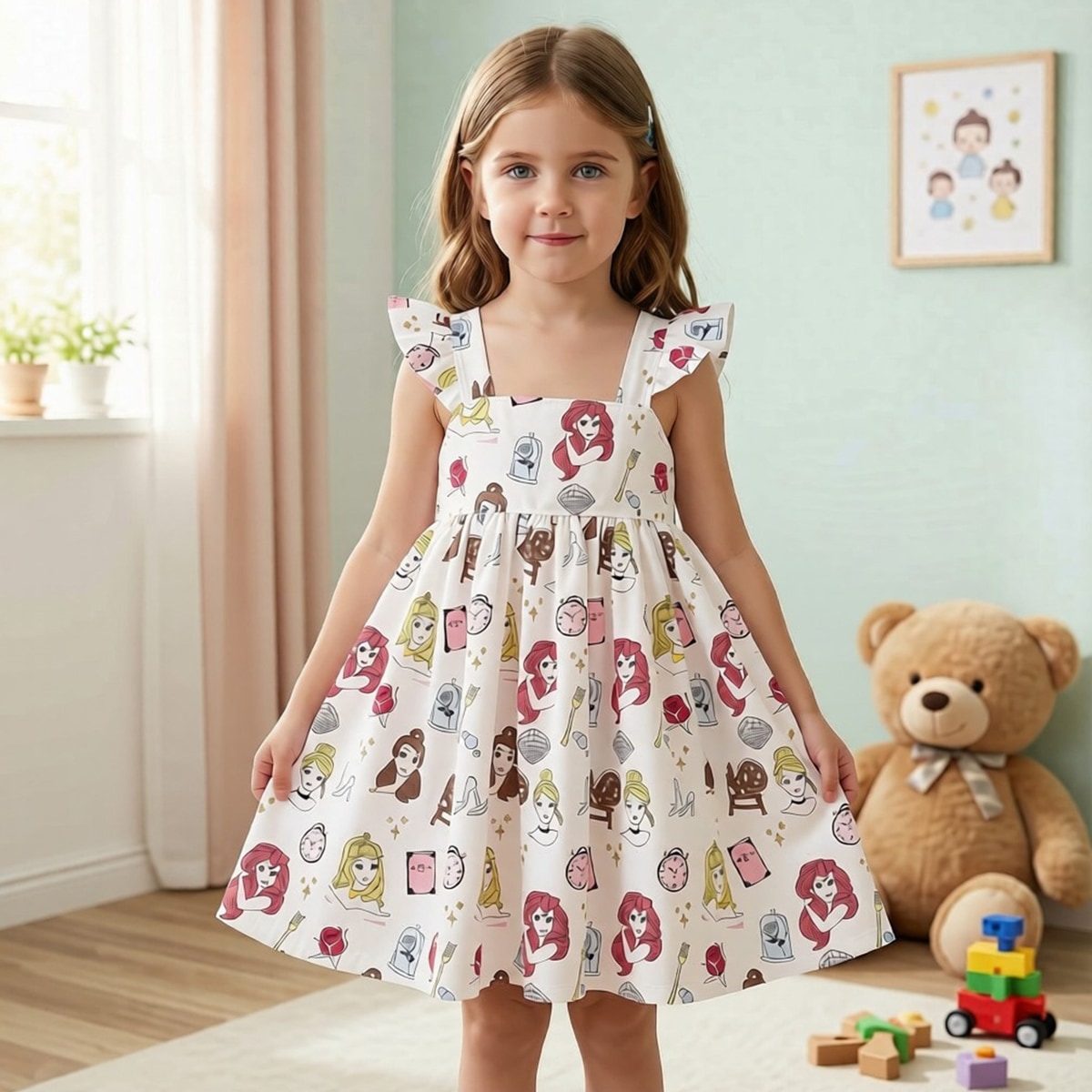 Young girl in a patterned dress standing in a room with a teddy bear and toys.