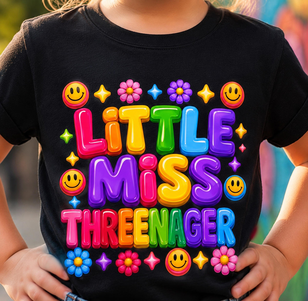 Vintage Graphic Tee Toddler Girl, Threenager Birthday Shirt, Colorful Toddler T- image 0