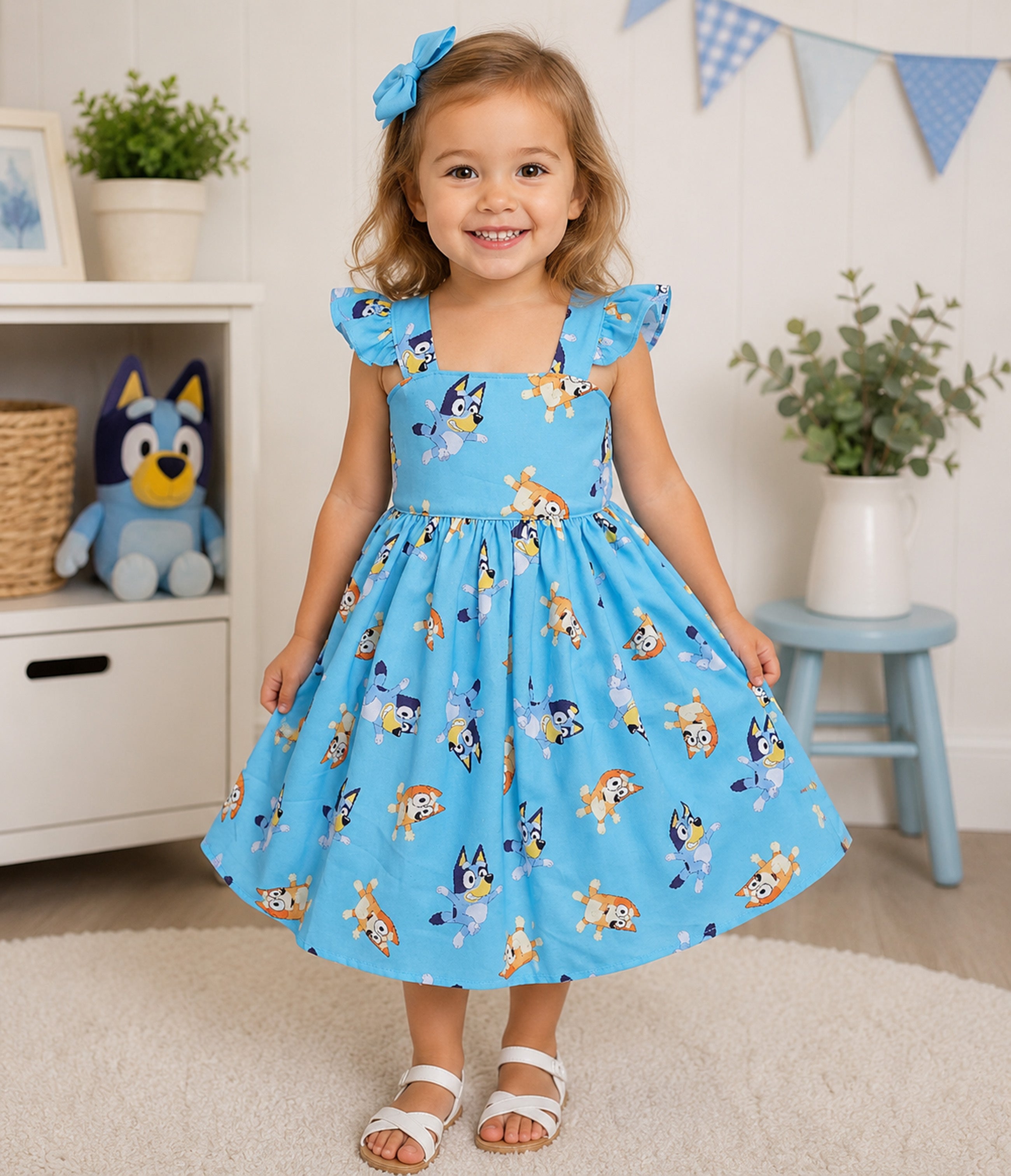 Blue Puppy Inspired Girls Dress, Cartoon Dog Birthday Dress, Flutter Sleeve Party Dress, Handmade Toddler Cotton Dress