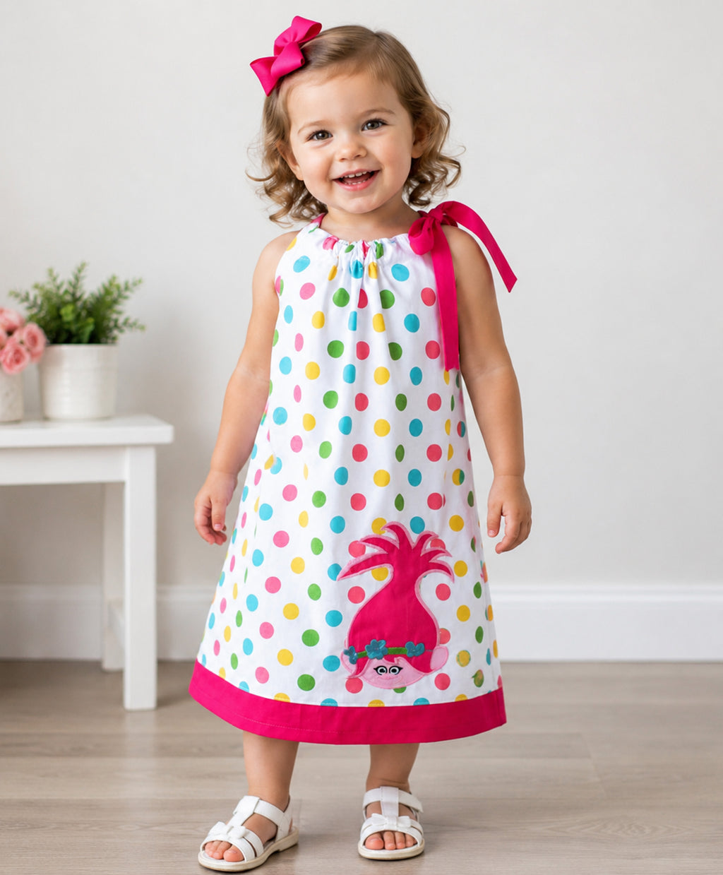 Pink Whimsical Pillowcase Dress, Colorful Polka Dot Girls Dress, Handmade Birthday Party Dress, Summer Toddler Dress