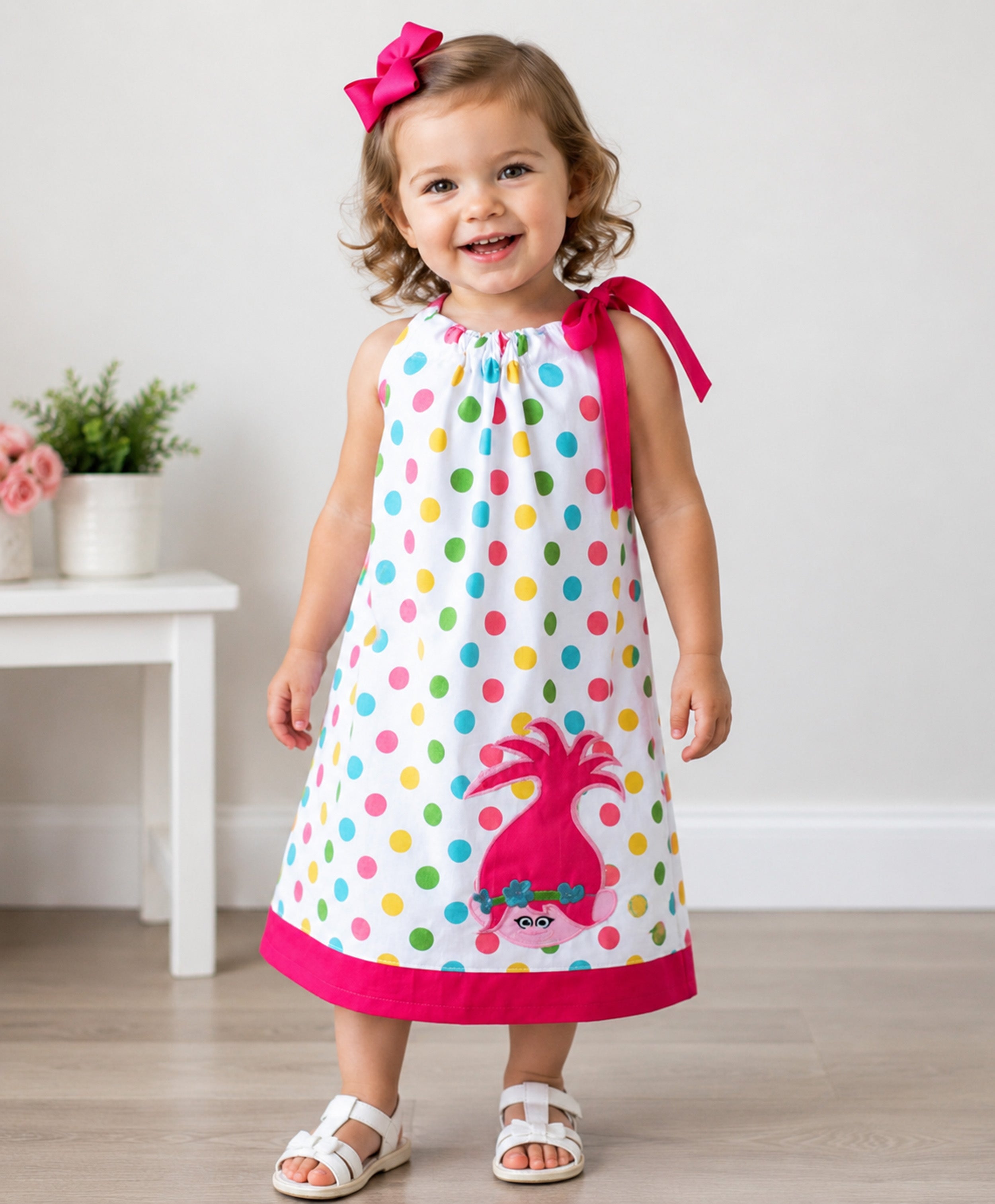 Pink Whimsical Pillowcase Dress, Colorful Polka Dot Girls Dress, Handmade Birthday Party Dress, Summer Toddler Dress
