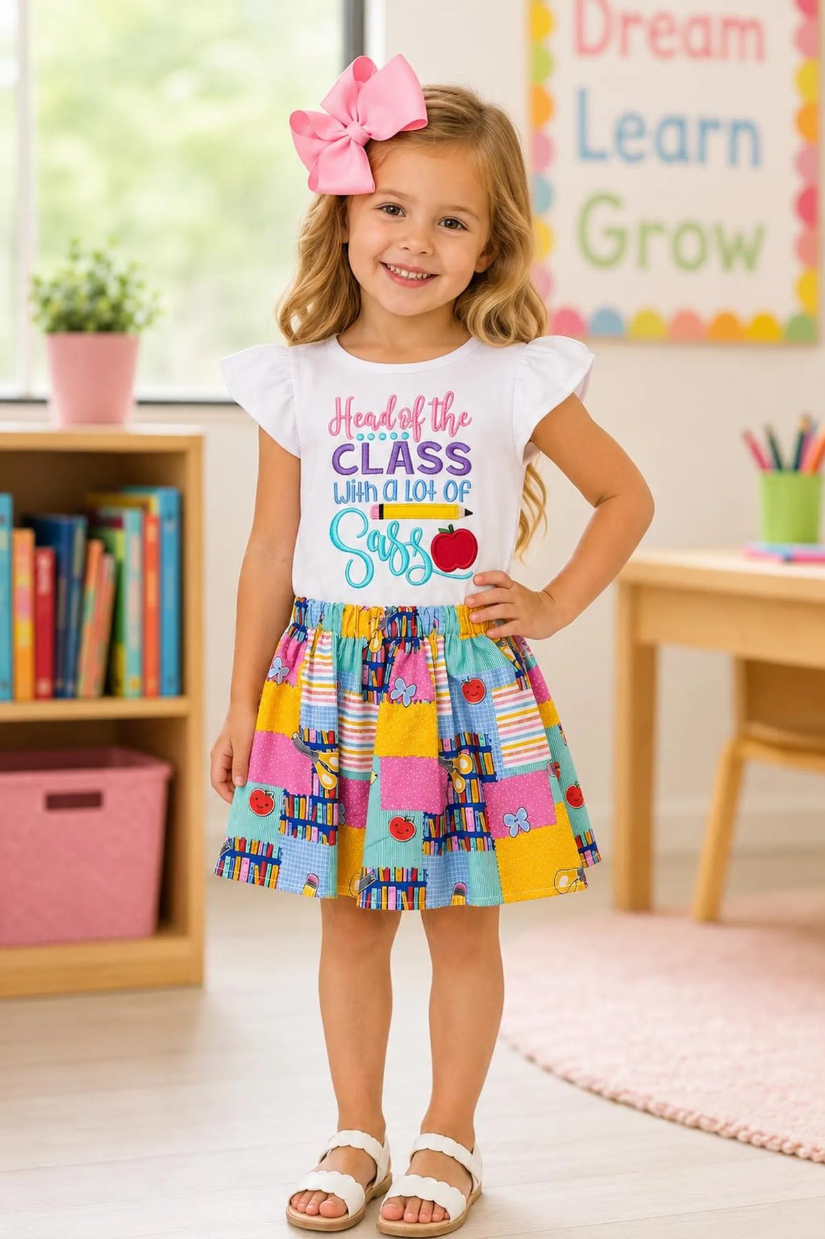 Back to School Girls Outfit, Head Of The Class Embroider Design, School Shirt and Skirt Girls Outfit,  School Outfit