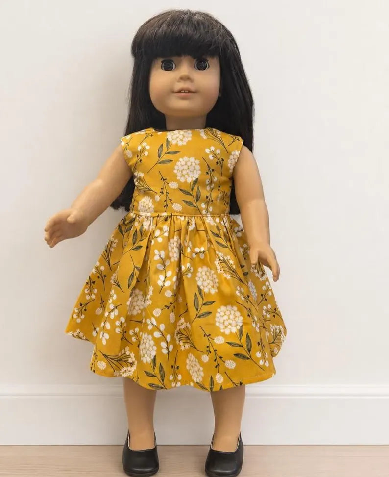 Mustard Floral Dress for 18-Inch Dolls / 18 in Doll Botanical Doll Clothes / Fall Doll Dress / 18 in Doll Dress