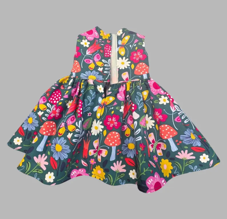 Woodland Floral Dress for 18 Inch Doll / Mushroom, Butterfly, Flowers Doll Clothes / Dark Green  Forest Doll Dress / 18in Doll Dress