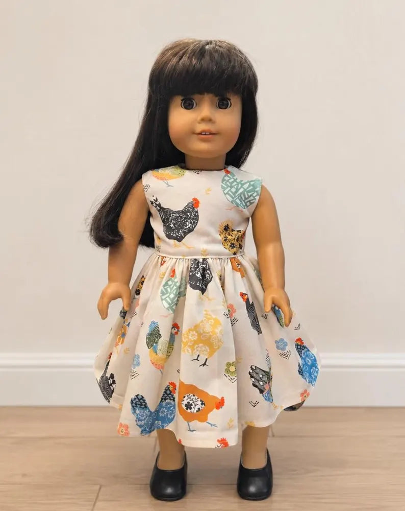 Chicken Print Dress for 18 Inch Doll / 18 in Doll Farmhouse Hen  Clothes, Doll  Cream Farm Animal Dress