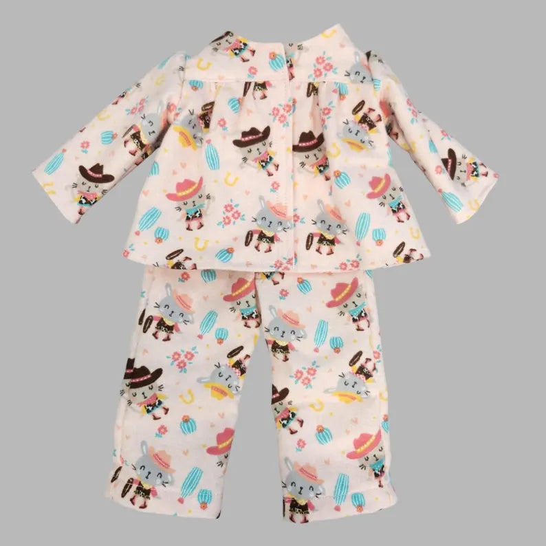 Pink Western Cat Pajamas for 18-Inch Doll / Handmade Two-Piece Doll Sleepwear Set / 18 in Doll Pajamas