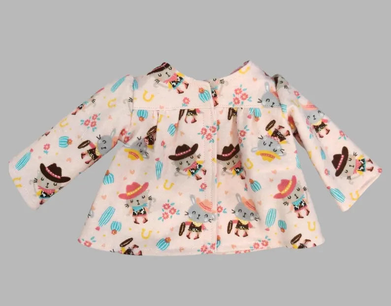 Pink Western Cat Pajamas for 18-Inch Doll / Handmade Two-Piece Doll Sleepwear Set / 18 in Doll Pajamas