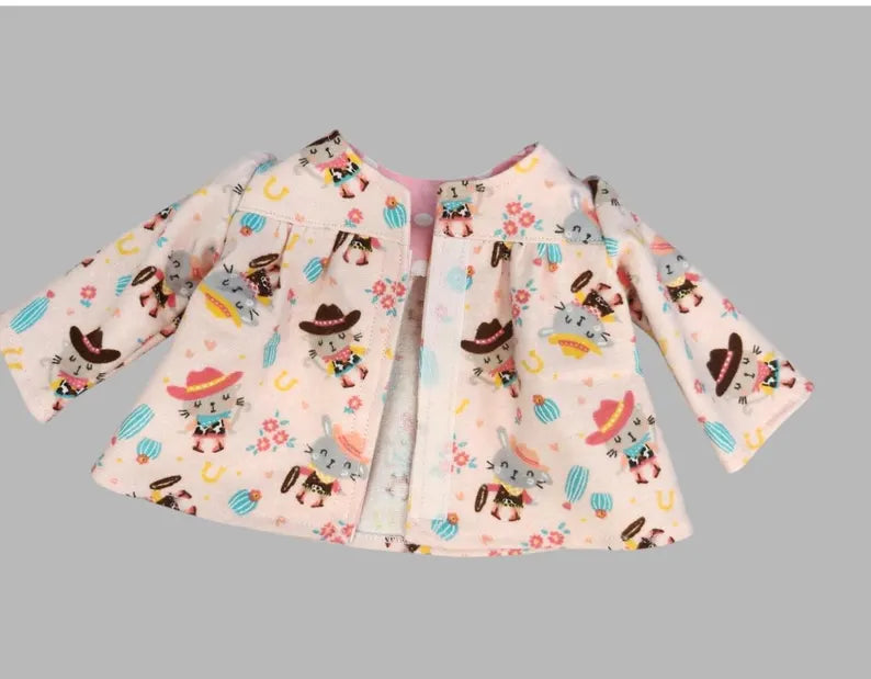 Pink Western Cat Pajamas for 18-Inch Doll / Handmade Two-Piece Doll Sleepwear Set / 18 in Doll Pajamas