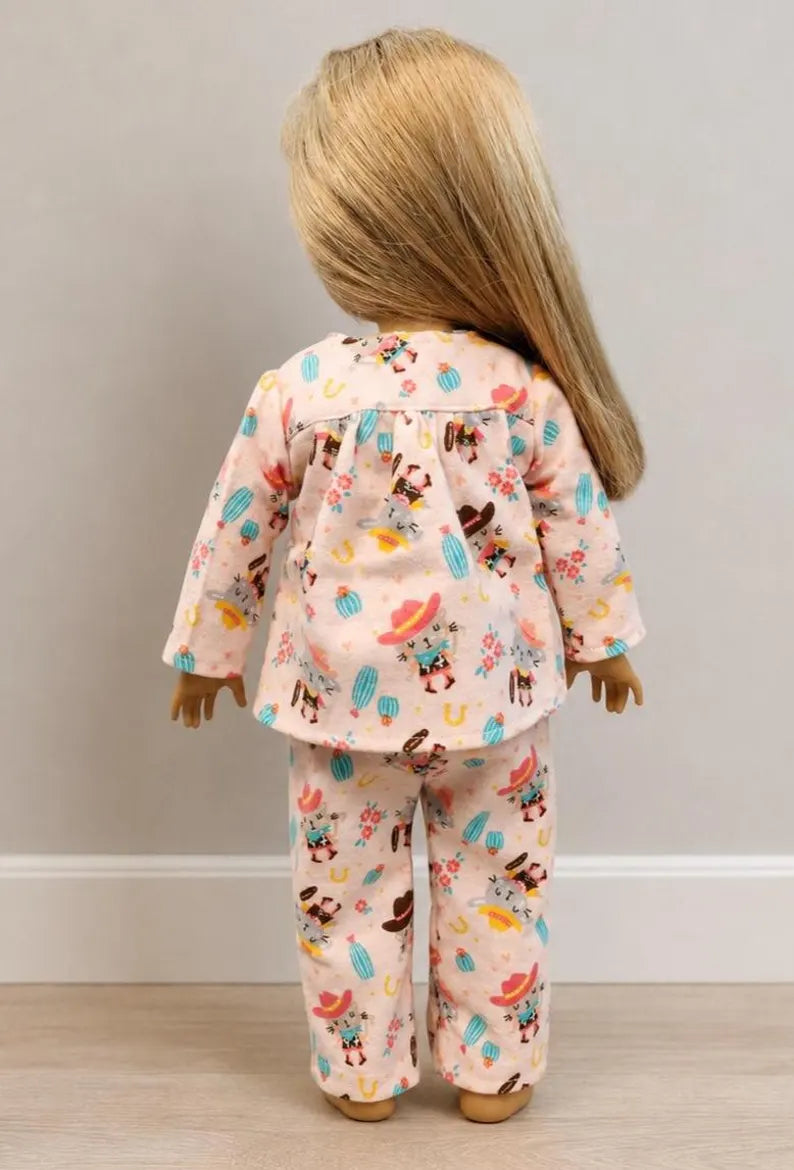Pink Western Cat Pajamas for 18-Inch Doll / Handmade Two-Piece Doll Sleepwear Set / 18 in Doll Pajamas