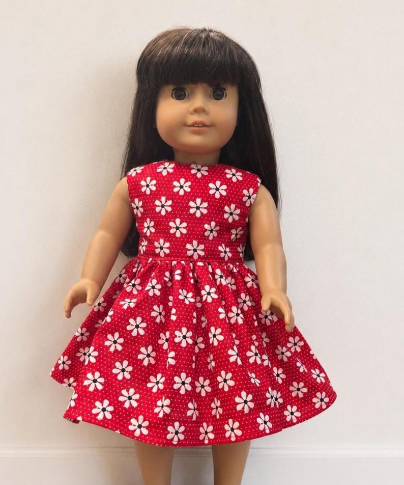 Red Daisy Dress for 18-Inch Dolls / Handmade Floral Doll Clothes / 18 in Doll Dress / Red Doll Dress