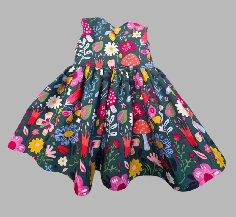 Woodland Floral Dress for 18 Inch Doll / Mushroom, Butterfly, Flowers Doll Clothes / Dark Green  Forest Doll Dress / 18in Doll Dress