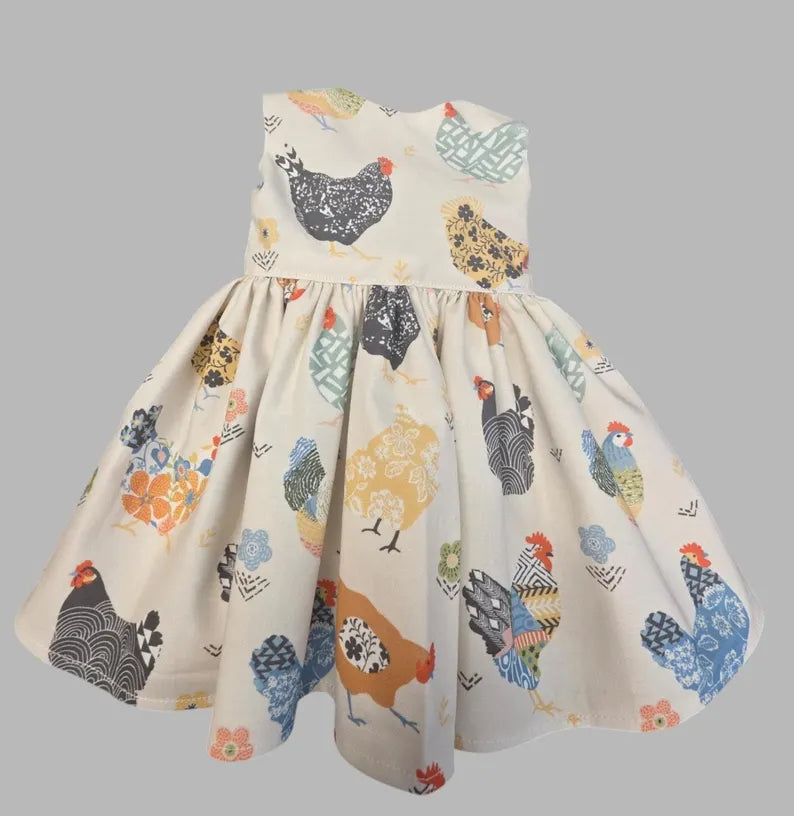 Chicken Print Dress for 18 Inch Doll / 18 in Doll Farmhouse Hen  Clothes, Doll  Cream Farm Animal Dress