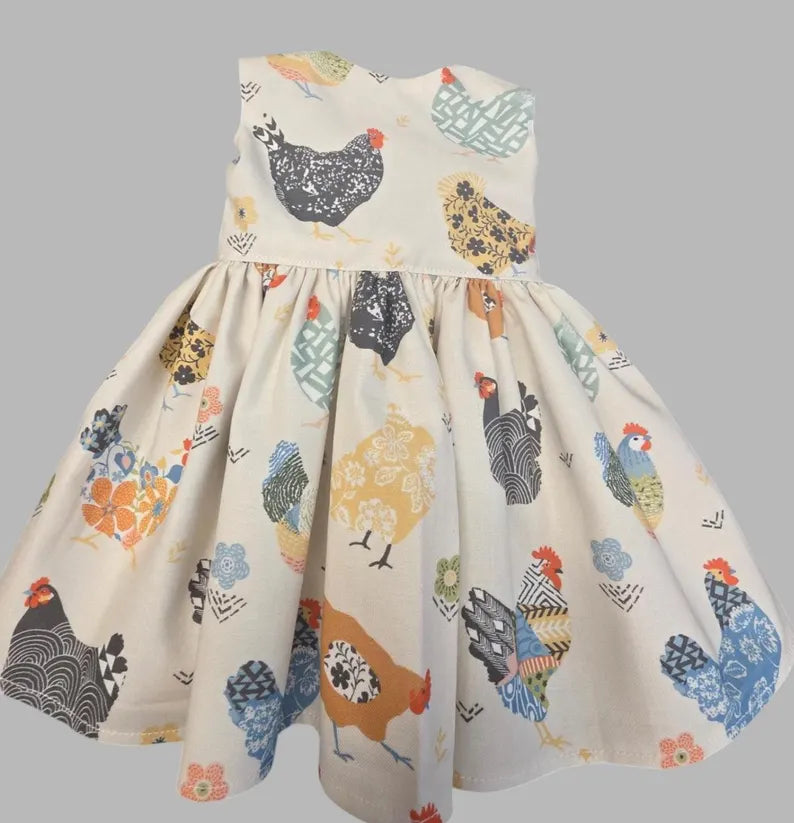 Chicken Print Dress for 18 Inch Doll / 18 in Doll Farmhouse Hen  Clothes, Doll  Cream Farm Animal Dress