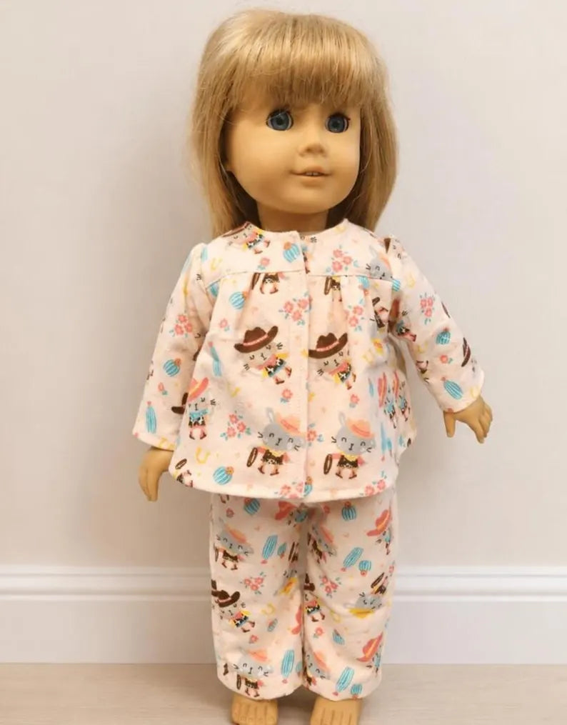 Pink Western Cat Pajamas for 18-Inch Doll / Handmade Two-Piece Doll Sleepwear Set / 18 in Doll Pajamas