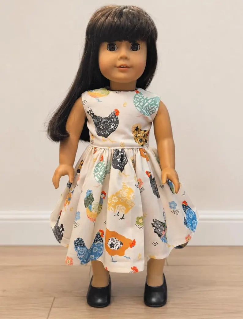 Chicken Print Dress for 18 Inch Doll / 18 in Doll Farmhouse Hen  Clothes, Doll  Cream Farm Animal Dress