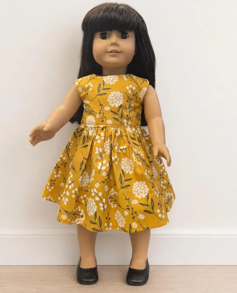 Mustard Floral Dress for 18-Inch Dolls / 18 in Doll Botanical Doll Clothes / Fall Doll Dress / 18 in Doll Dress