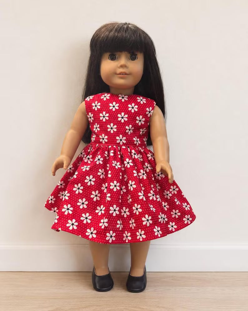 Red Daisy Dress for 18-Inch Dolls / Handmade Floral Doll Clothes / 18 in Doll Dress / Red Doll Dress