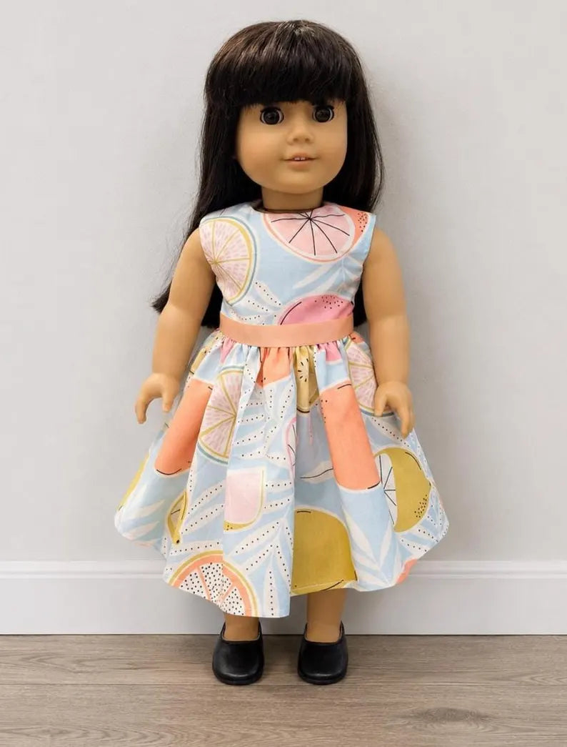 18 Inch Doll Citrus Dress / Pastel Fruit Print Doll Clothes / Handmade Doll Outfit /  Dress For Any 18 in Dolls