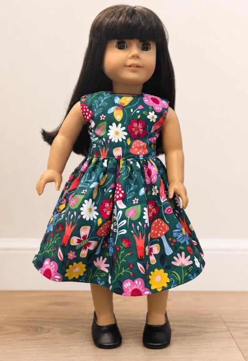 Woodland Floral Dress for 18 Inch Doll / Mushroom, Butterfly, Flowers Doll Clothes / Dark Green  Forest Doll Dress / 18in Doll Dress