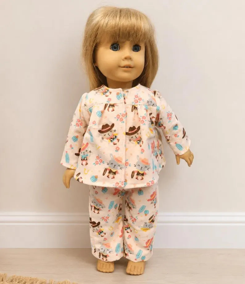 Pink Western Cat Pajamas for 18-Inch Doll / Handmade Two-Piece Doll Sleepwear Set / 18 in Doll Pajamas