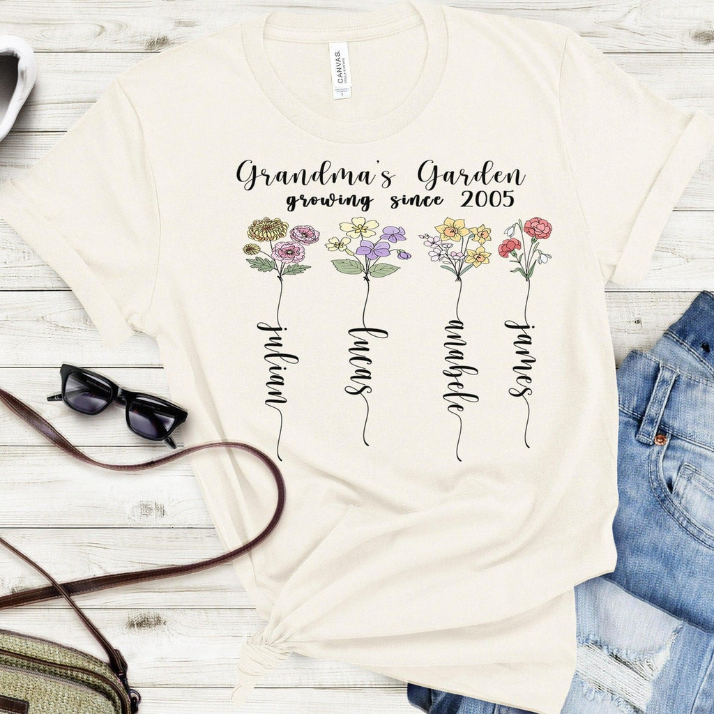 Personalized Grandma Shirt with Grandkids Names – Floral Garden Theme Tee, Custom Name Nana Shirt, Botanical Gift for Grandma