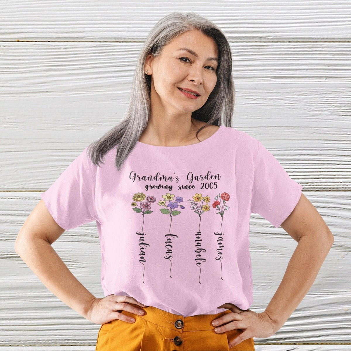 Personalized Grandma Shirt with Grandkids Names – Floral Garden Theme Tee, Custom Name Nana Shirt, Botanical Gift for Grandma