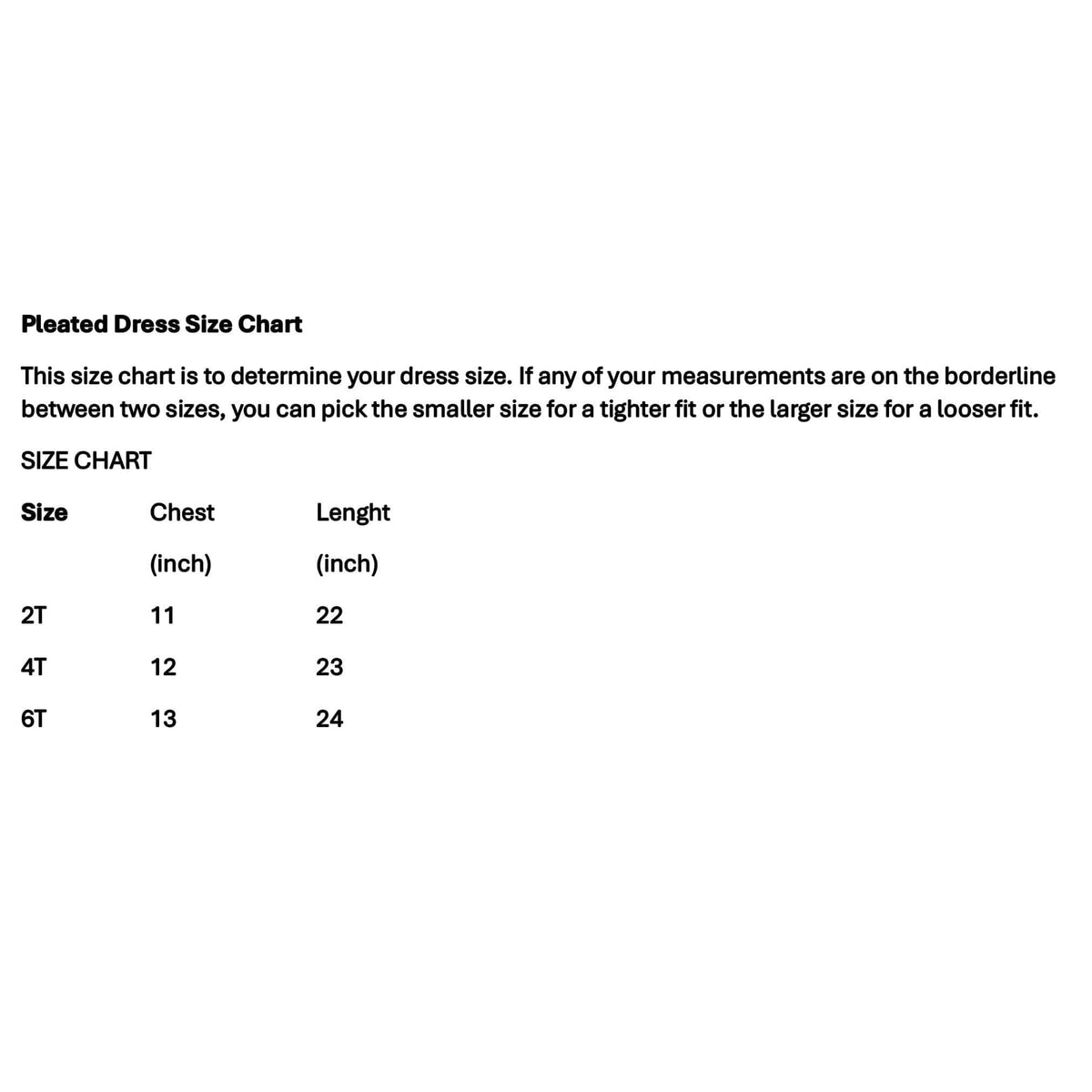 Pleated Dress Size Chart with measurements for chest and length in inches.