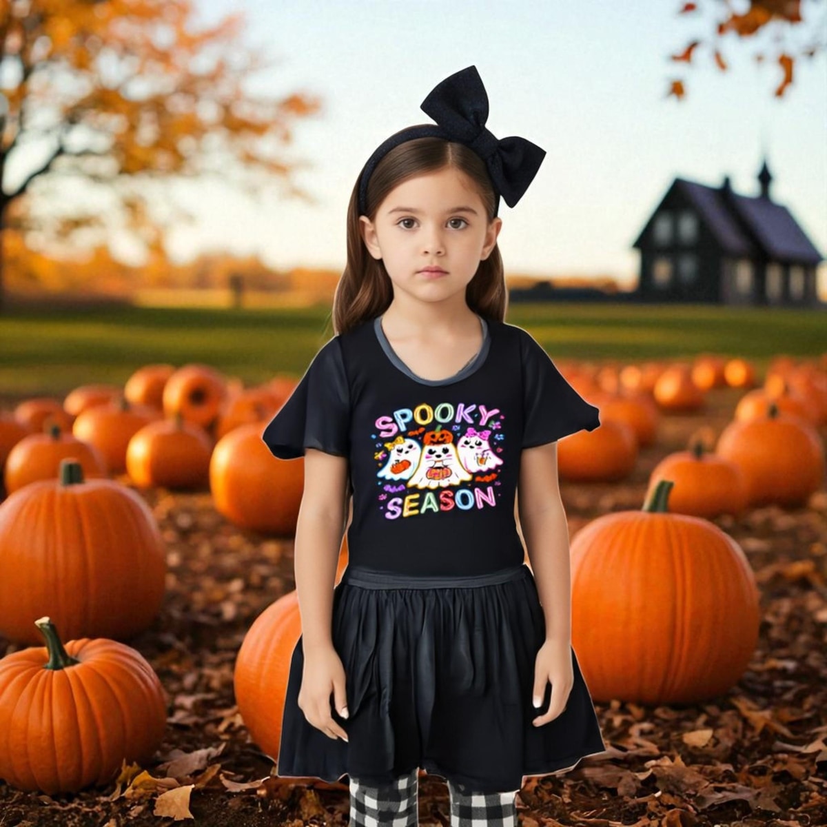 Young girl in a pumpkin patch wearing a 'Spooky Season' shirt.