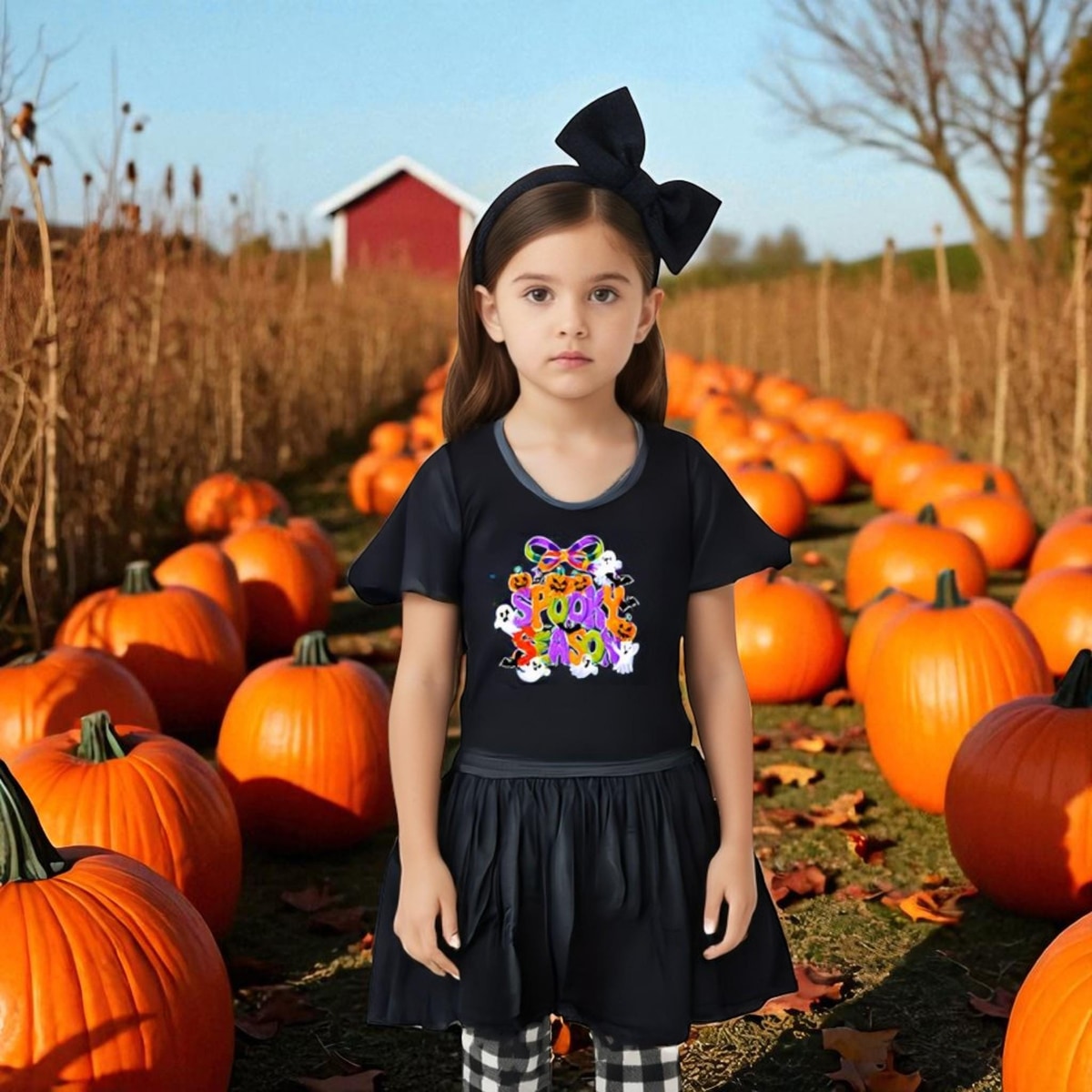 Young girl in a black shirt with colorful design standing in a pumpkin patch.