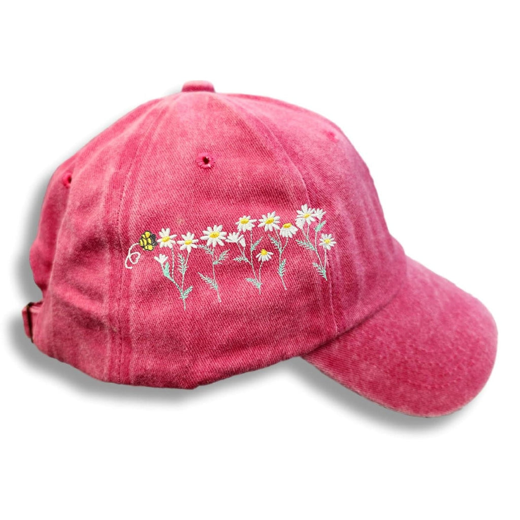 Embroidered Daisy Bee Baseball Cap – Distressed Cotton Flower Hat