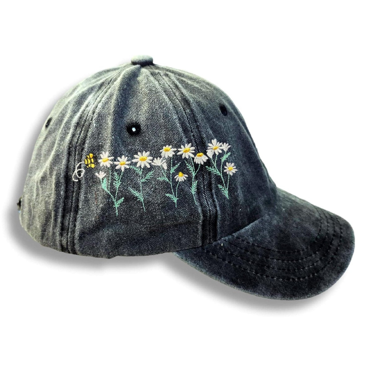 Embroidered Daisy Bee Baseball Cap – Distressed Cotton Flower Hat