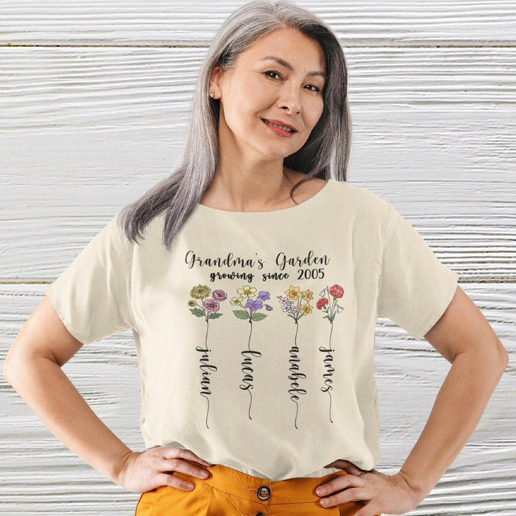 Personalized Grandma Shirt with Grandkids Names – Floral Garden Theme Tee, Custom Name Nana Shirt, Botanical Gift for Grandma