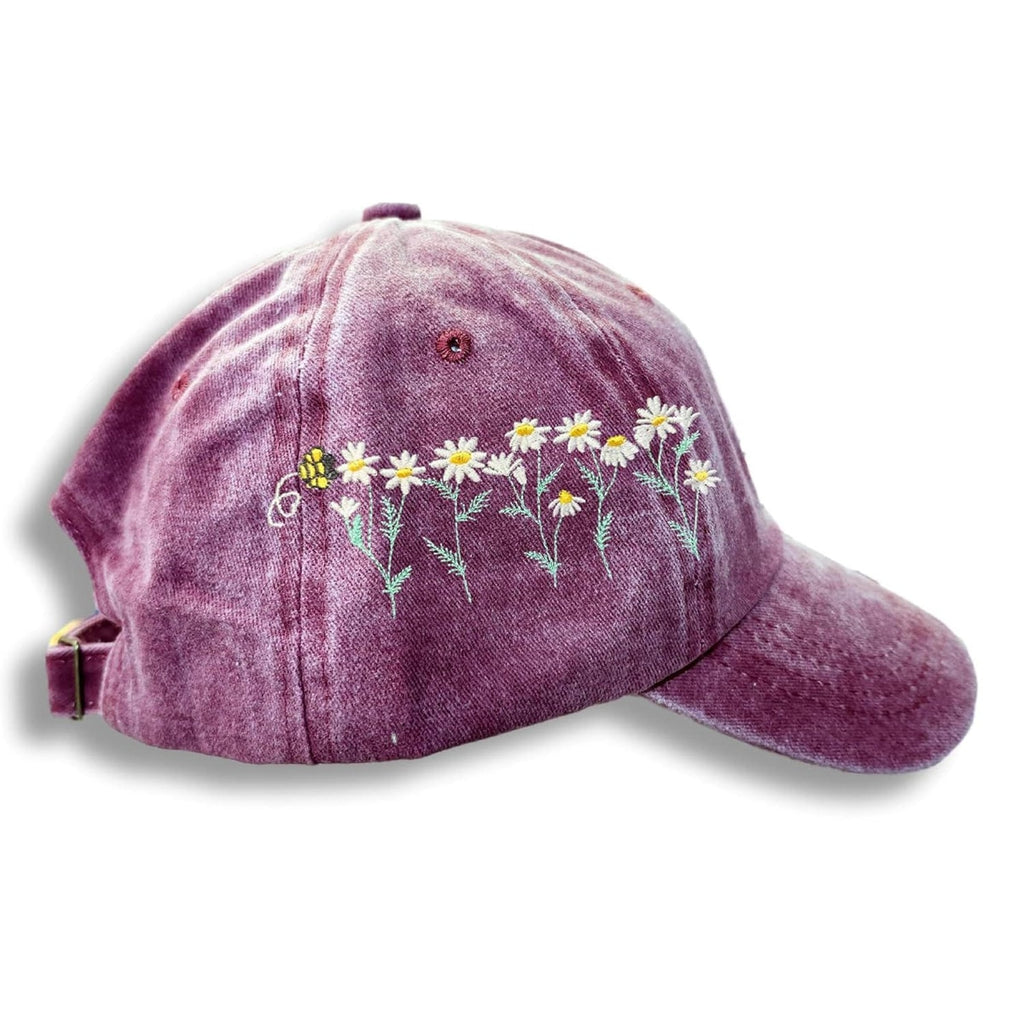 Embroidered Daisy Bee Baseball Cap – Distressed Cotton Flower Hat