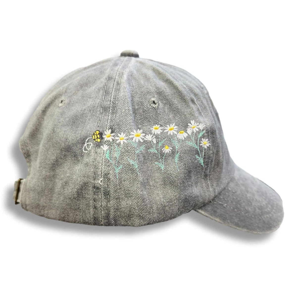 Embroidered Daisy Bee Baseball Cap – Distressed Cotton Flower Hat