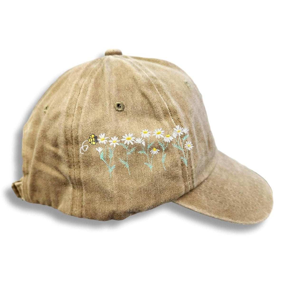 Embroidered Daisy Bee Baseball Cap – Distressed Cotton Flower Hat