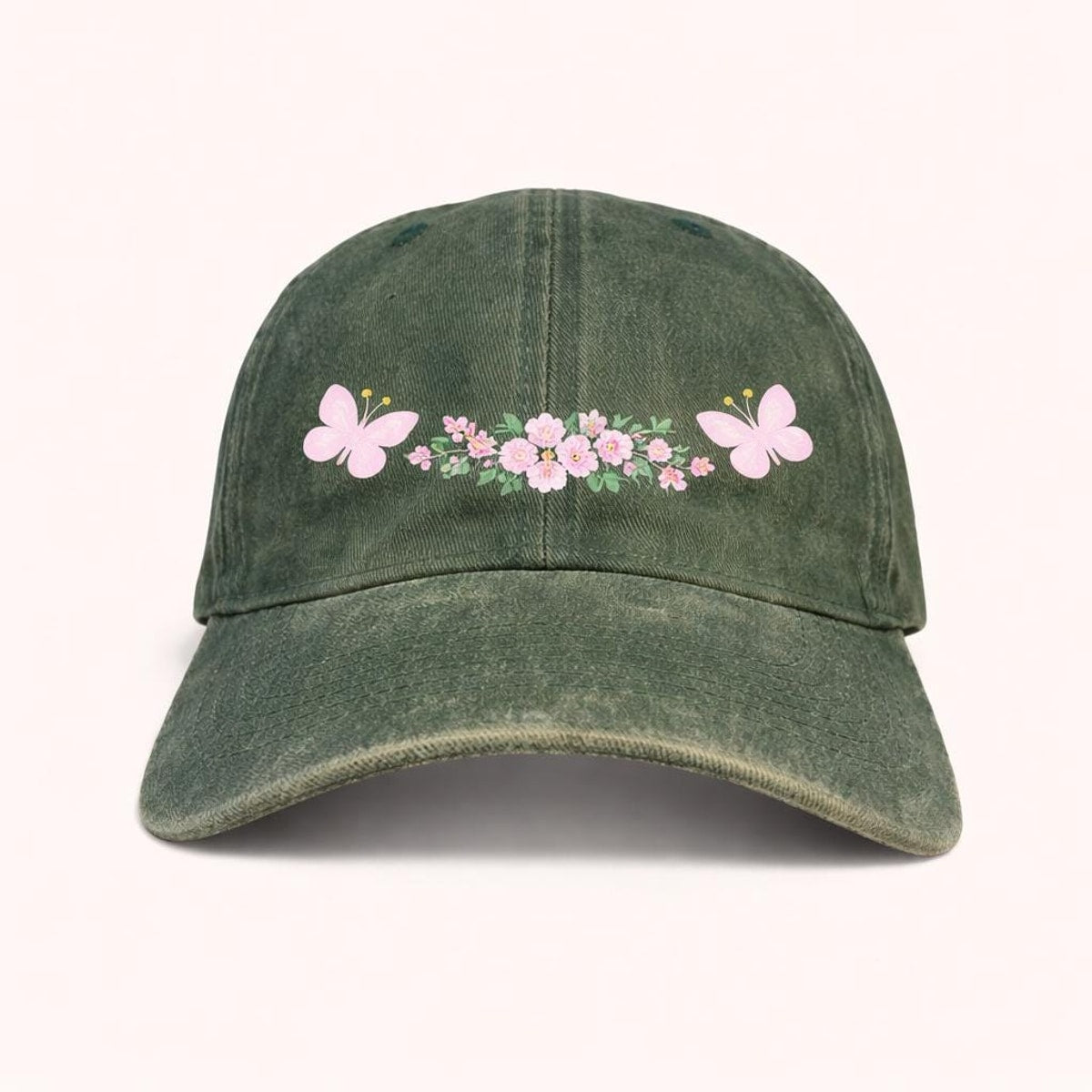 Floral Butterfly Washed Denim Baseball Cap, Adjustable Spring Summer Hat