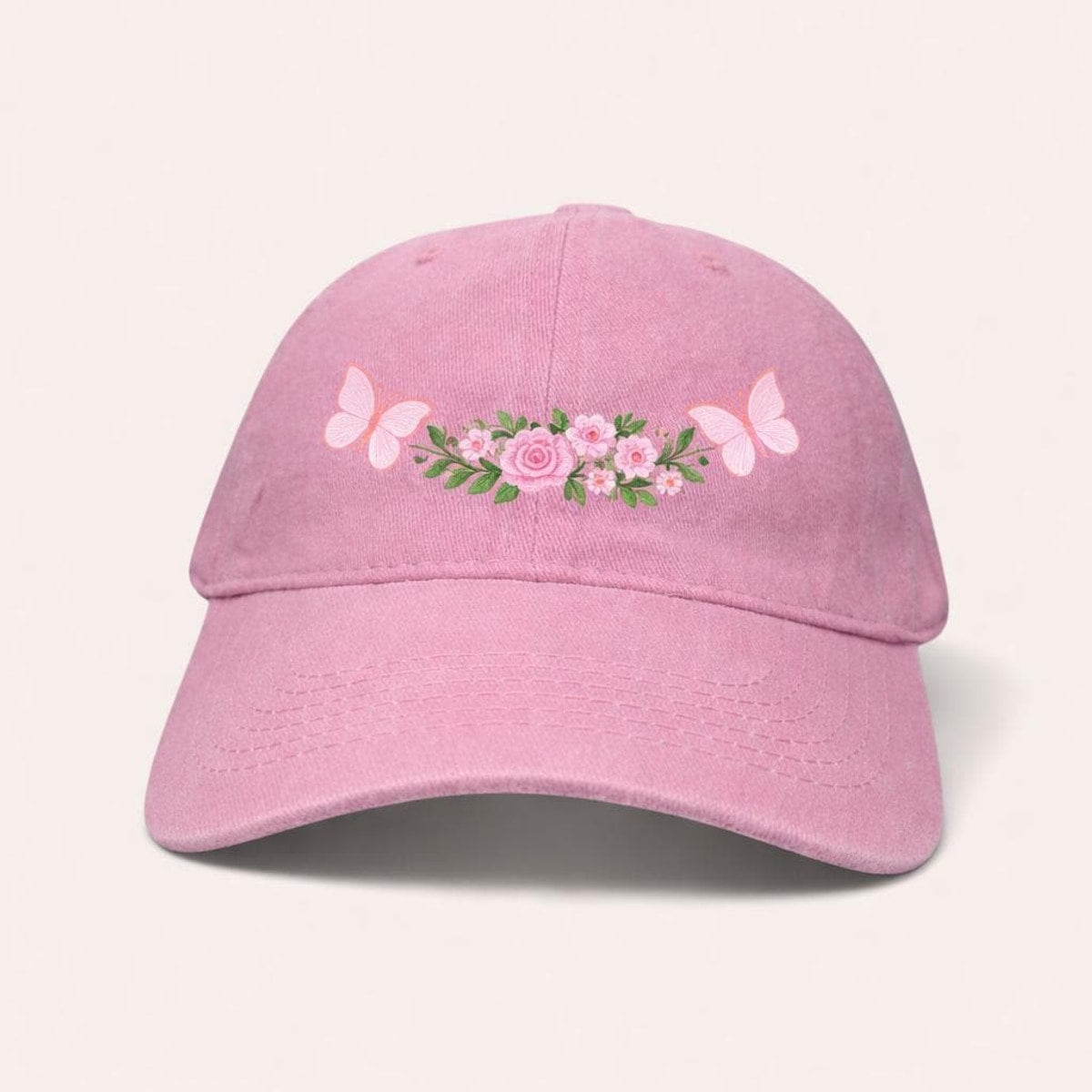 Floral Butterfly Washed Denim Baseball Cap, Adjustable Spring Summer Hat