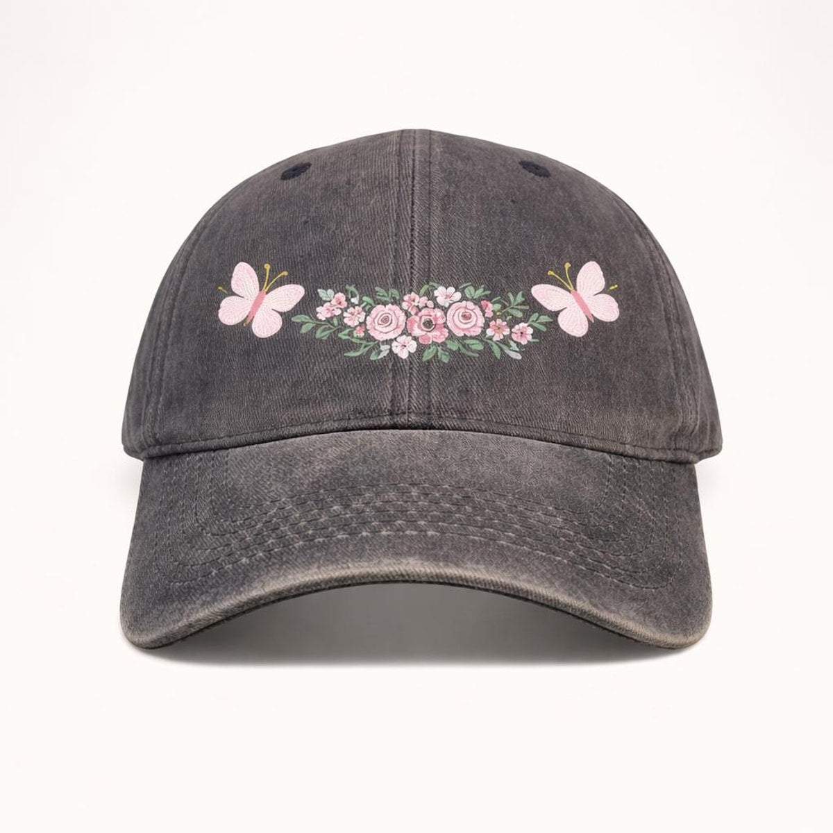 Floral Butterfly Washed Denim Baseball Cap, Adjustable Spring Summer Hat