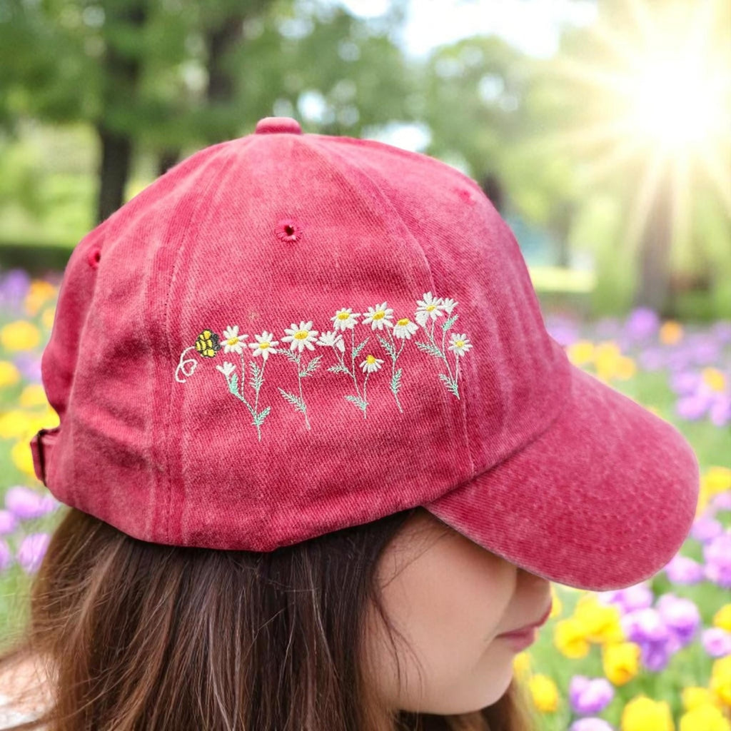 Embroidered Daisy Bee Baseball Cap – Distressed Cotton Flower Hat